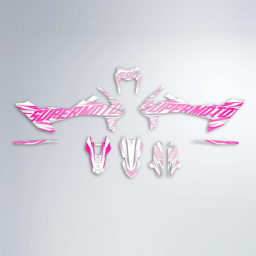 GEBEL V4 KTM SMC 690 graphics kit parts layout in Flamingo