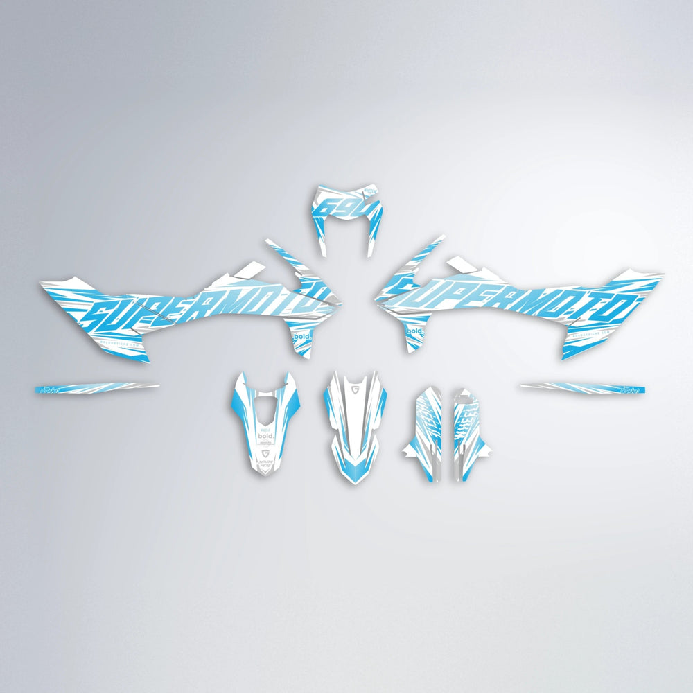 GEBEL V4 KTM SMC 690 graphics kit parts layout in Light Blue & White