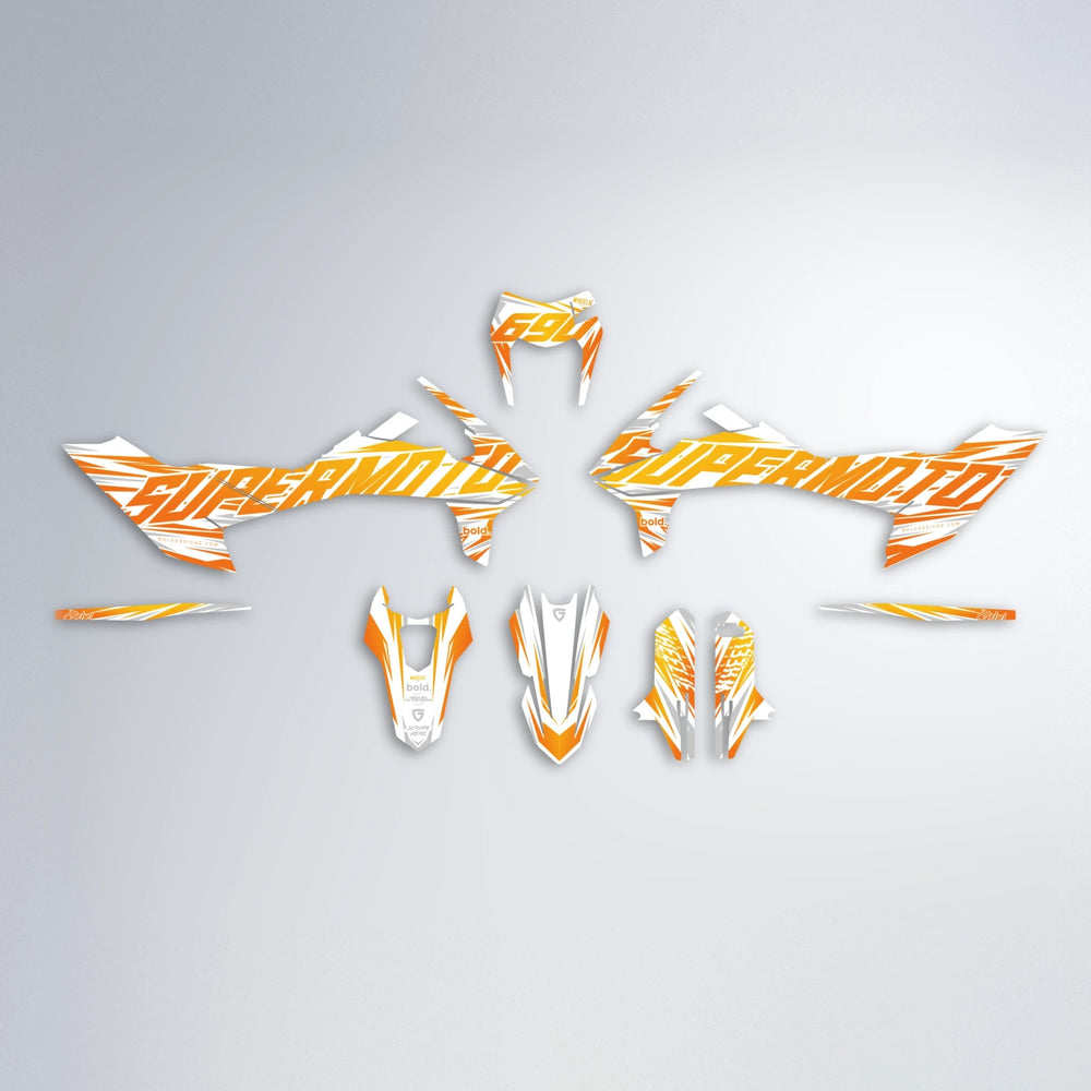 GEBEL V4 KTM SMC 690 graphics kit parts layout in Orange & Yellow