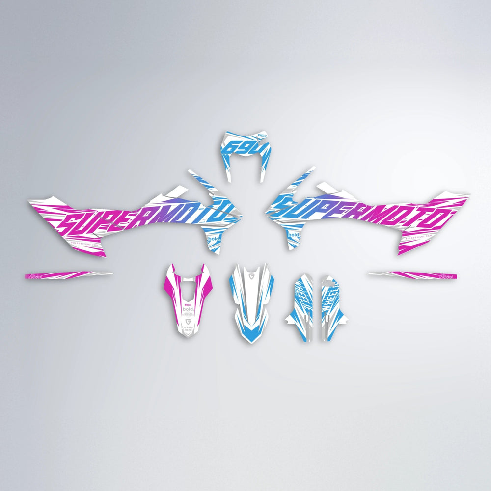 GEBEL V4 KTM SMC 690 graphics kit parts layout in Pink & Light Blue