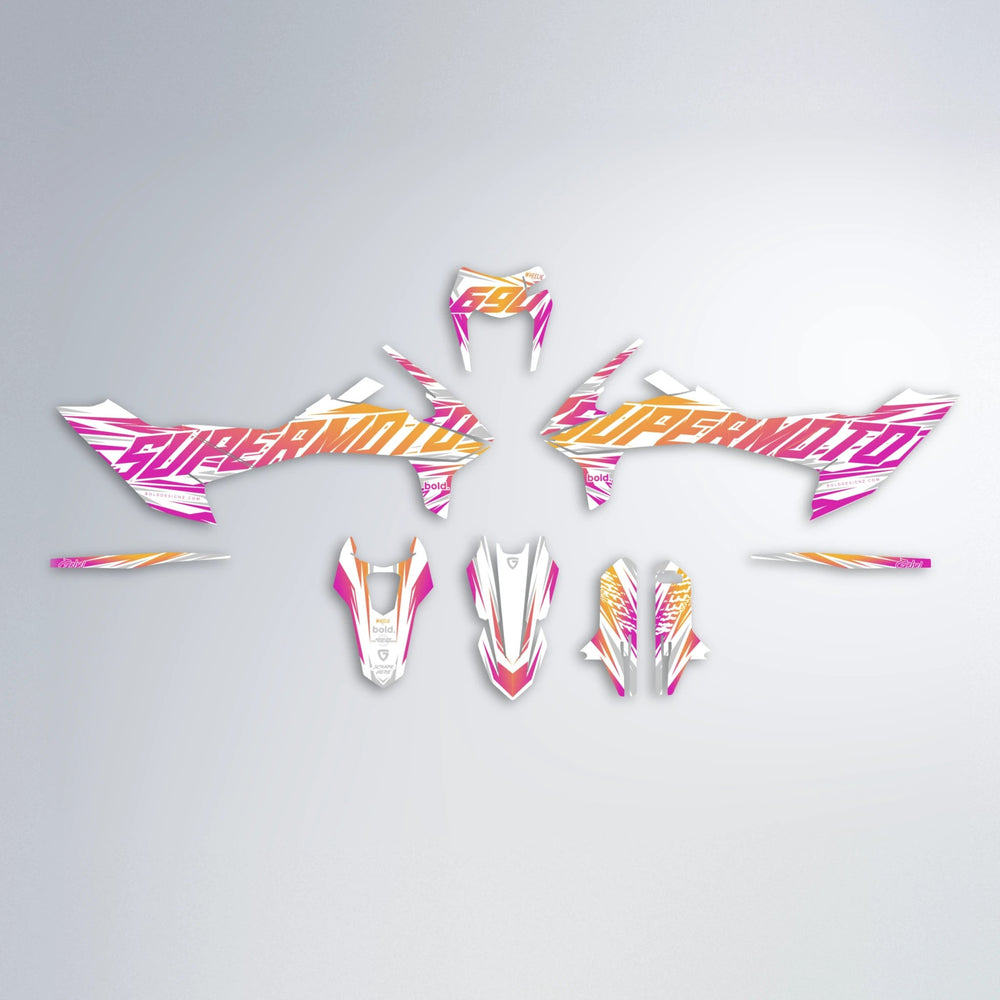 GEBEL V4 KTM SMC 690 graphics kit parts layout in Pink & Yellow