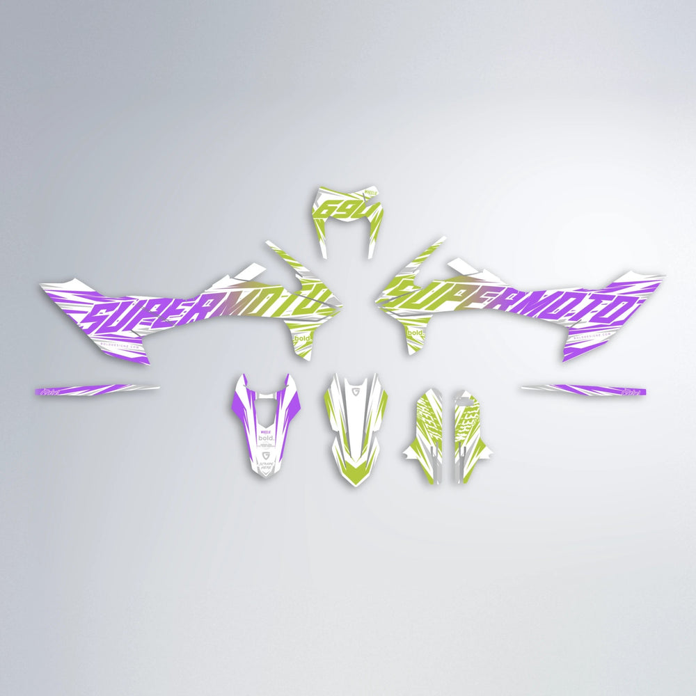GEBEL V4 KTM SMC 690 graphics kit parts layout in Purple & Yellow