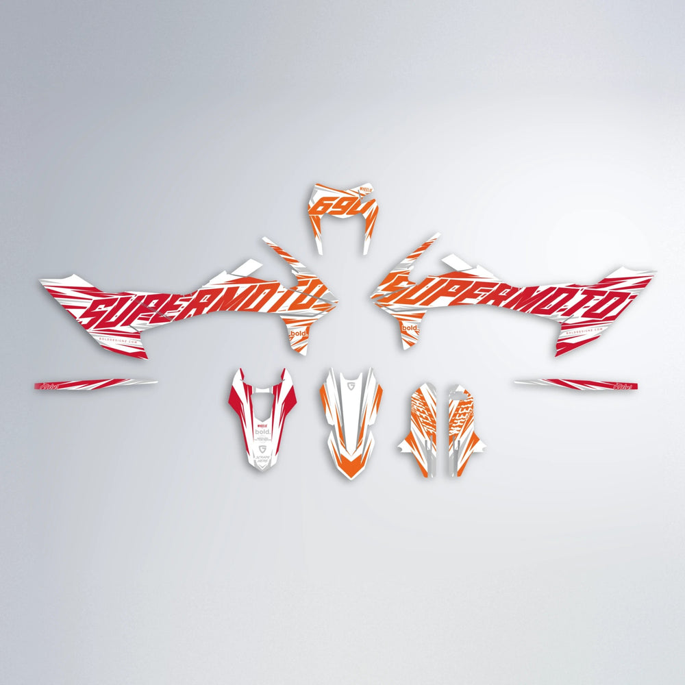 GEBEL V4 KTM SMC 690 graphics kit parts layout in Red & Orange