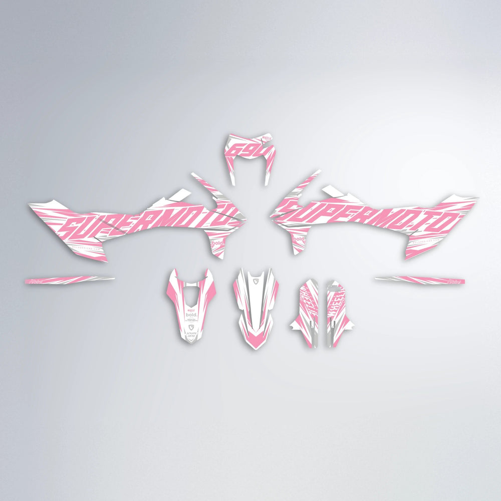 GEBEL V4 KTM SMC 690 graphics kit parts layout in Sakura Pink