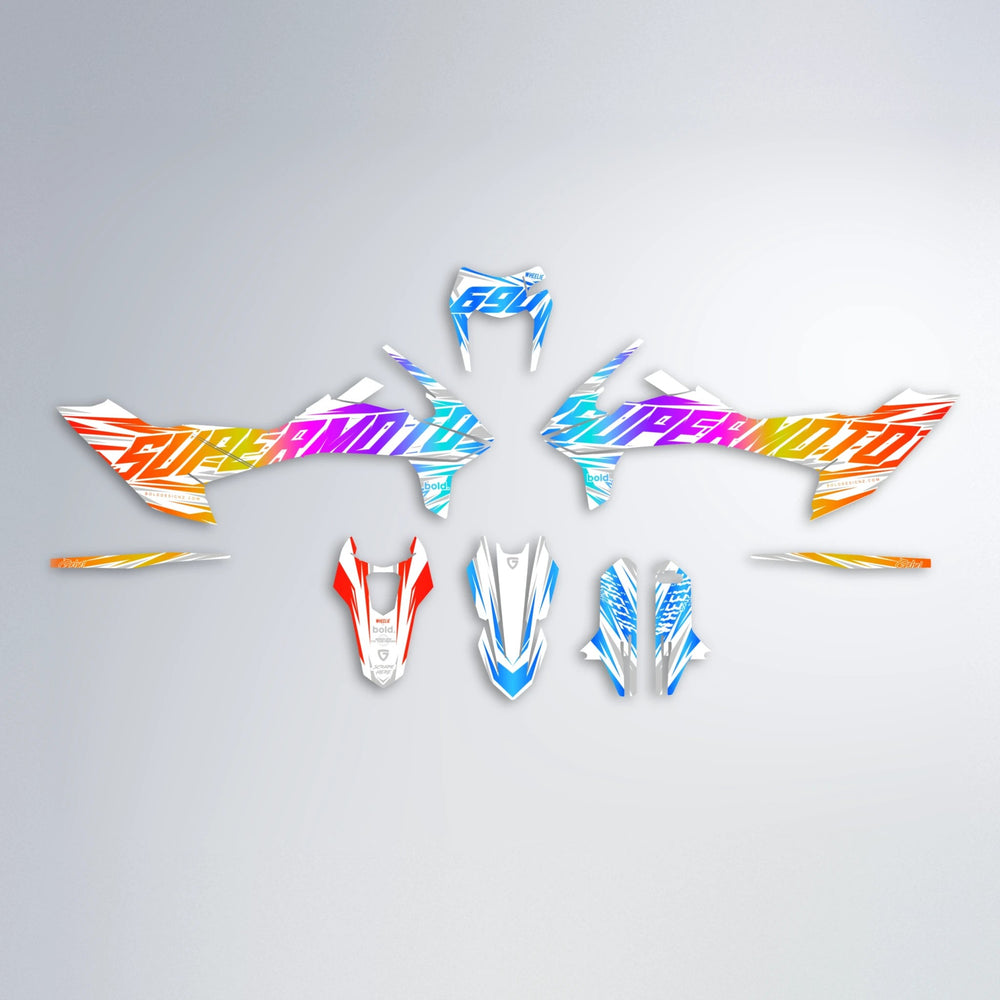 GEBEL V4 KTM SMC 690 graphics kit parts layout in Sunset Fade