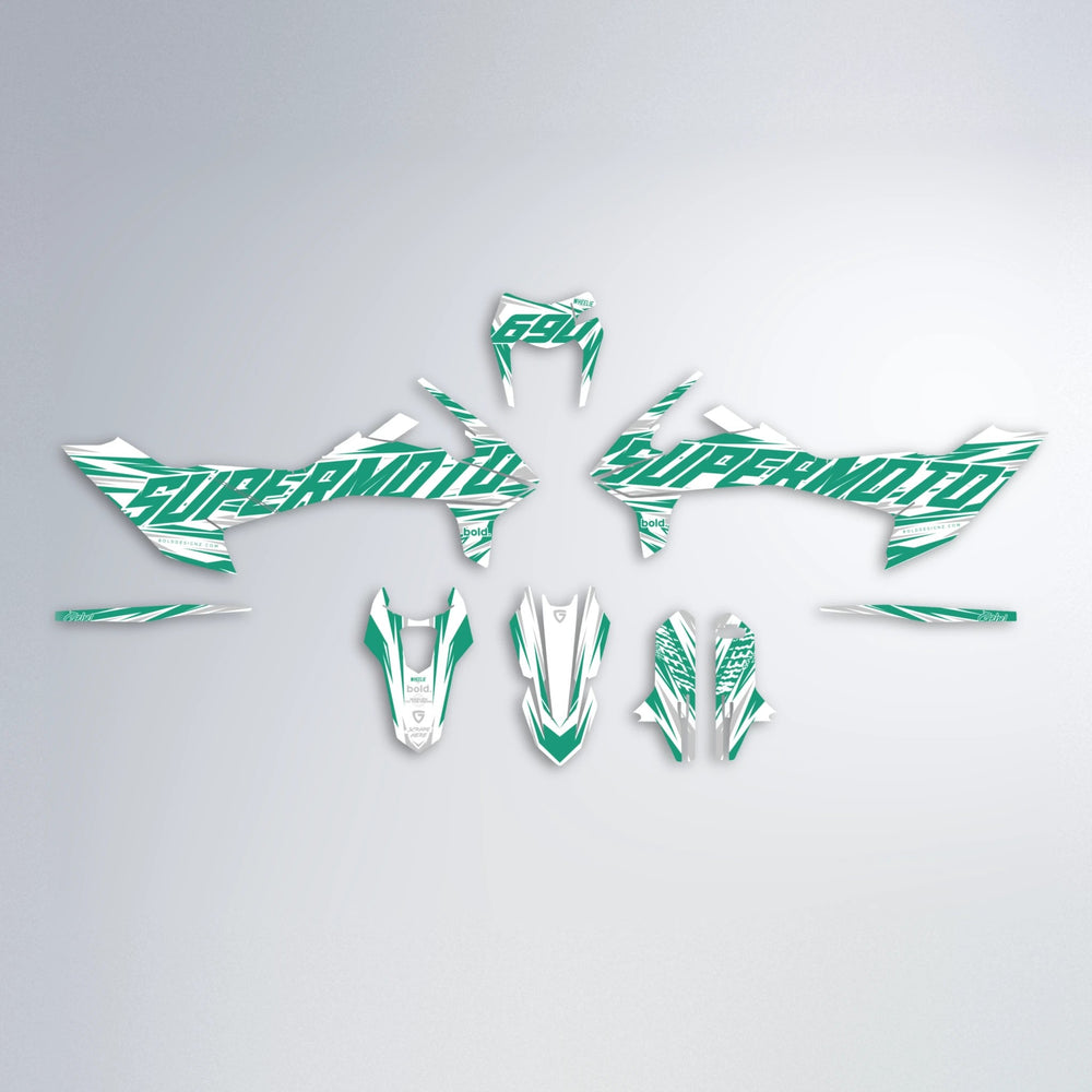 GEBEL V4 KTM SMC 690 graphics kit parts layout in Teal