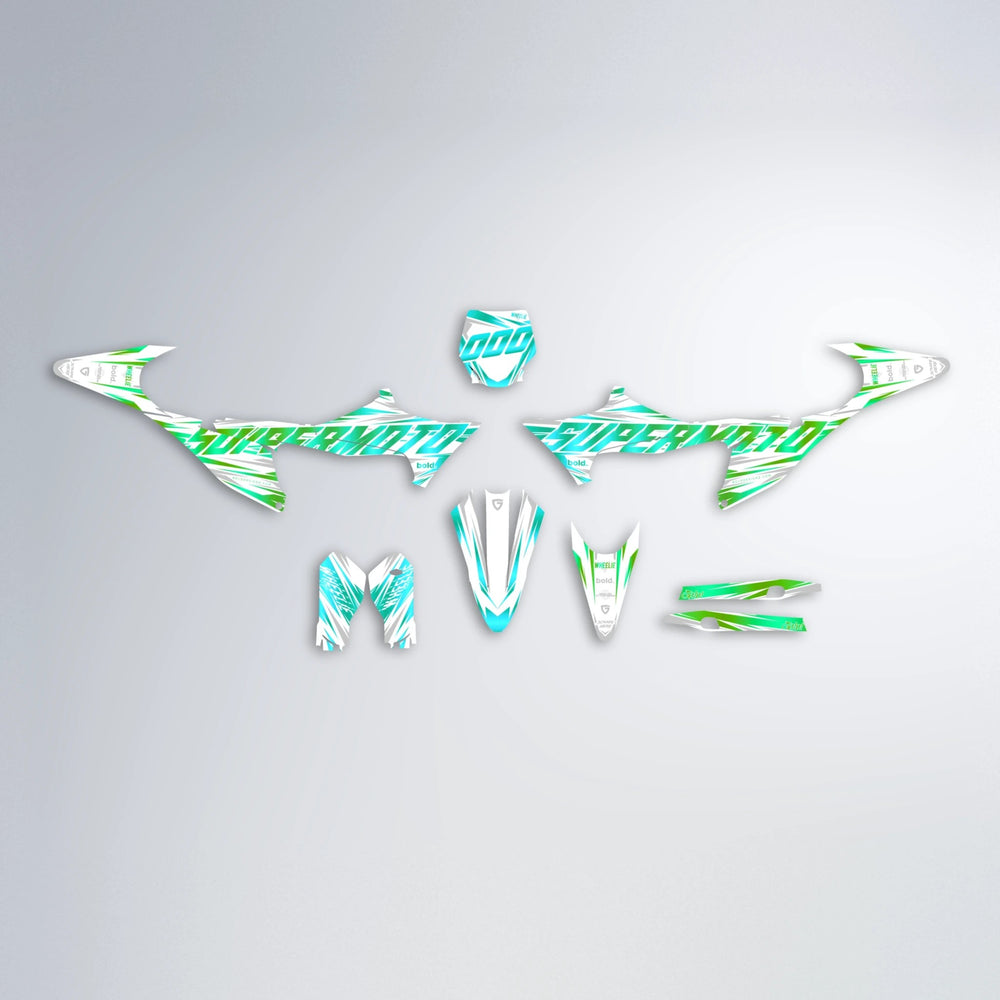 GEBEL V4 Stark Varg MX graphics kit parts layout in Cyan & Green