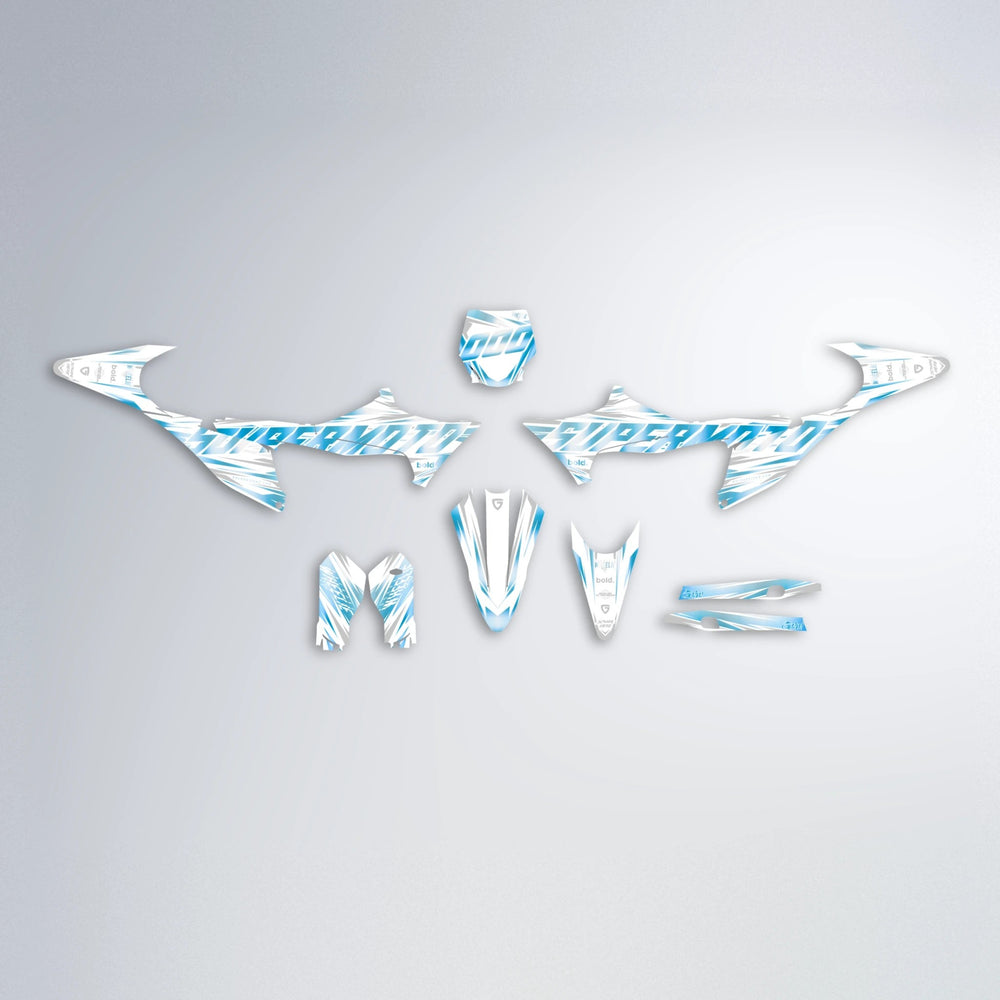 GEBEL V4 Stark Varg MX graphics kit parts layout in Light Blue & White