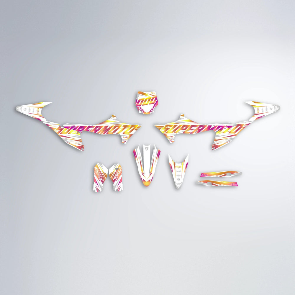 GEBEL V4 Stark Varg MX graphics kit parts layout in Pink & Yellow