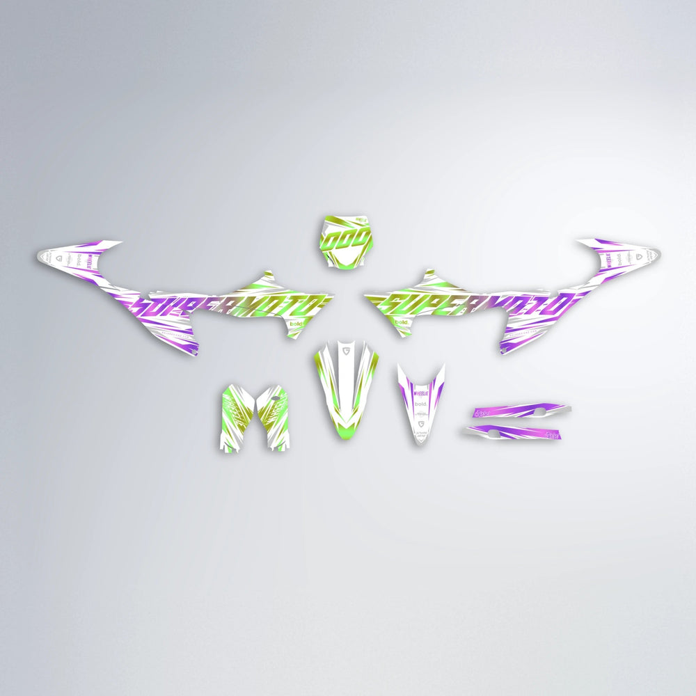 GEBEL V4 Stark Varg SM graphics kit parts layout in Purple & Yellow