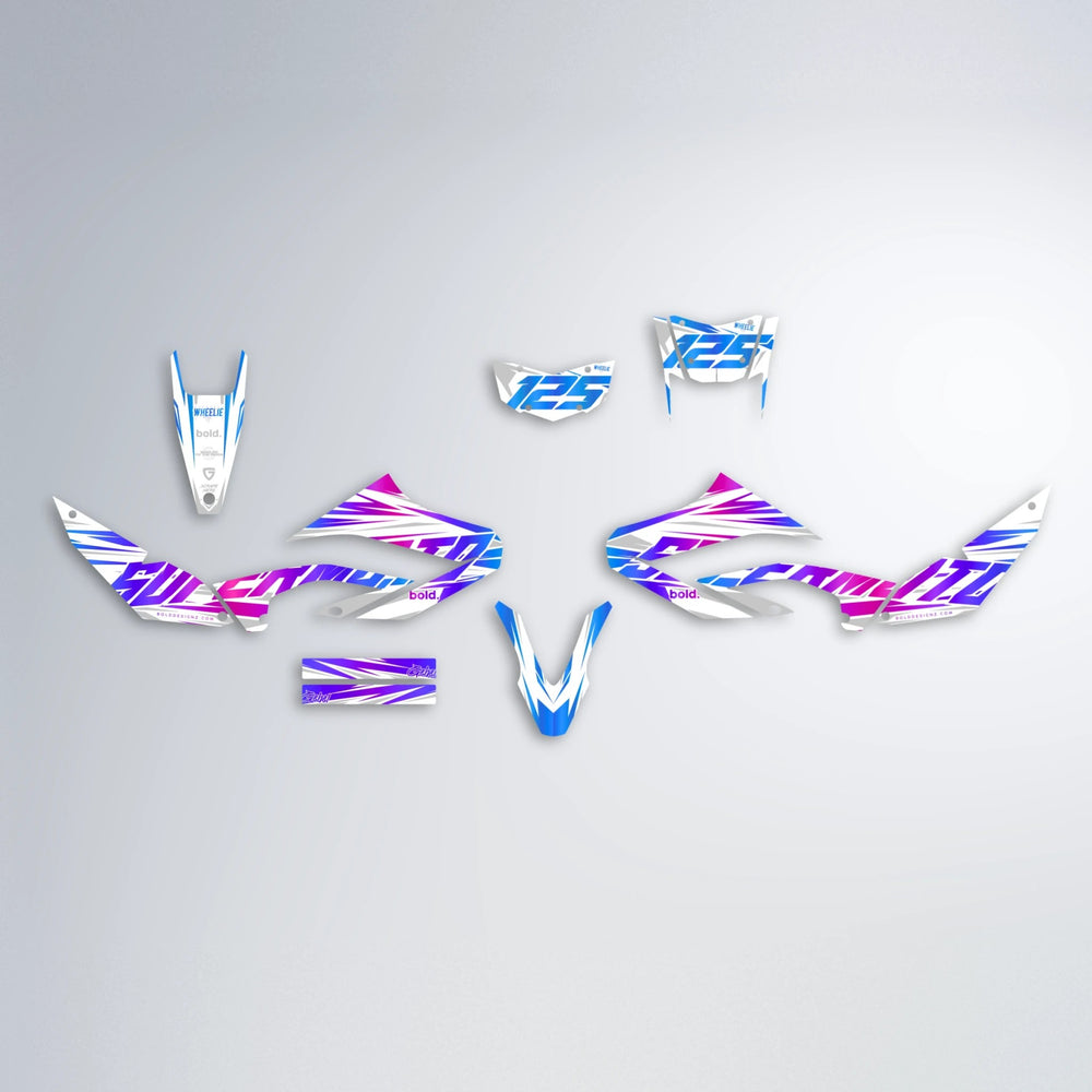 GEBEL V4 Yamaha WR 125X graphics kit parts layout in Blue Purple Fade