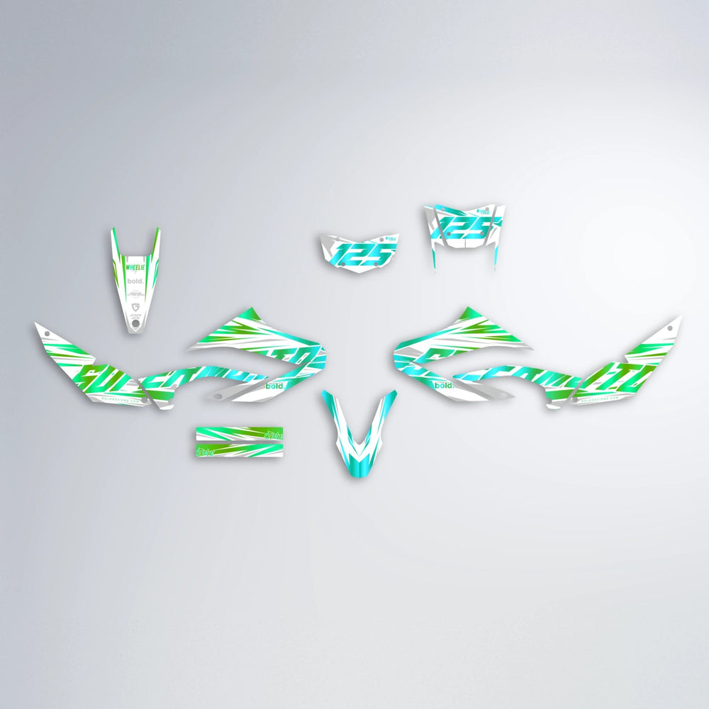 GEBEL V4 Yamaha WR 125X graphics kit parts layout in Cyan & Green