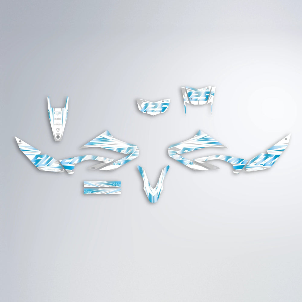 GEBEL V4 Yamaha WR 125X graphics kit parts layout in Light Blue & White