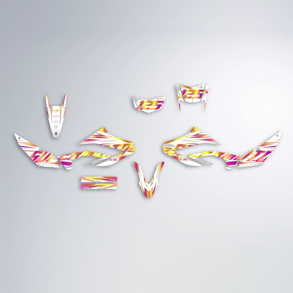 GEBEL V4 Yamaha WR 125X graphics kit parts layout in Pink & Yellow