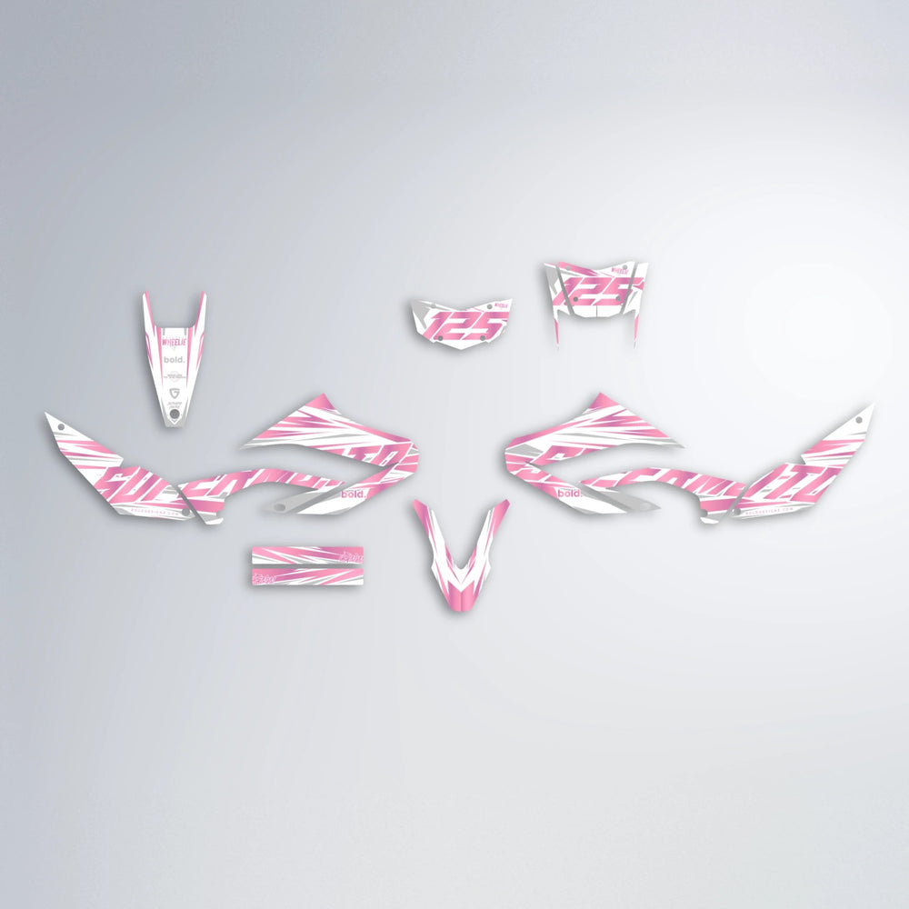 GEBEL V4 Yamaha WR 125X graphics kit parts layout in Sakura Pink