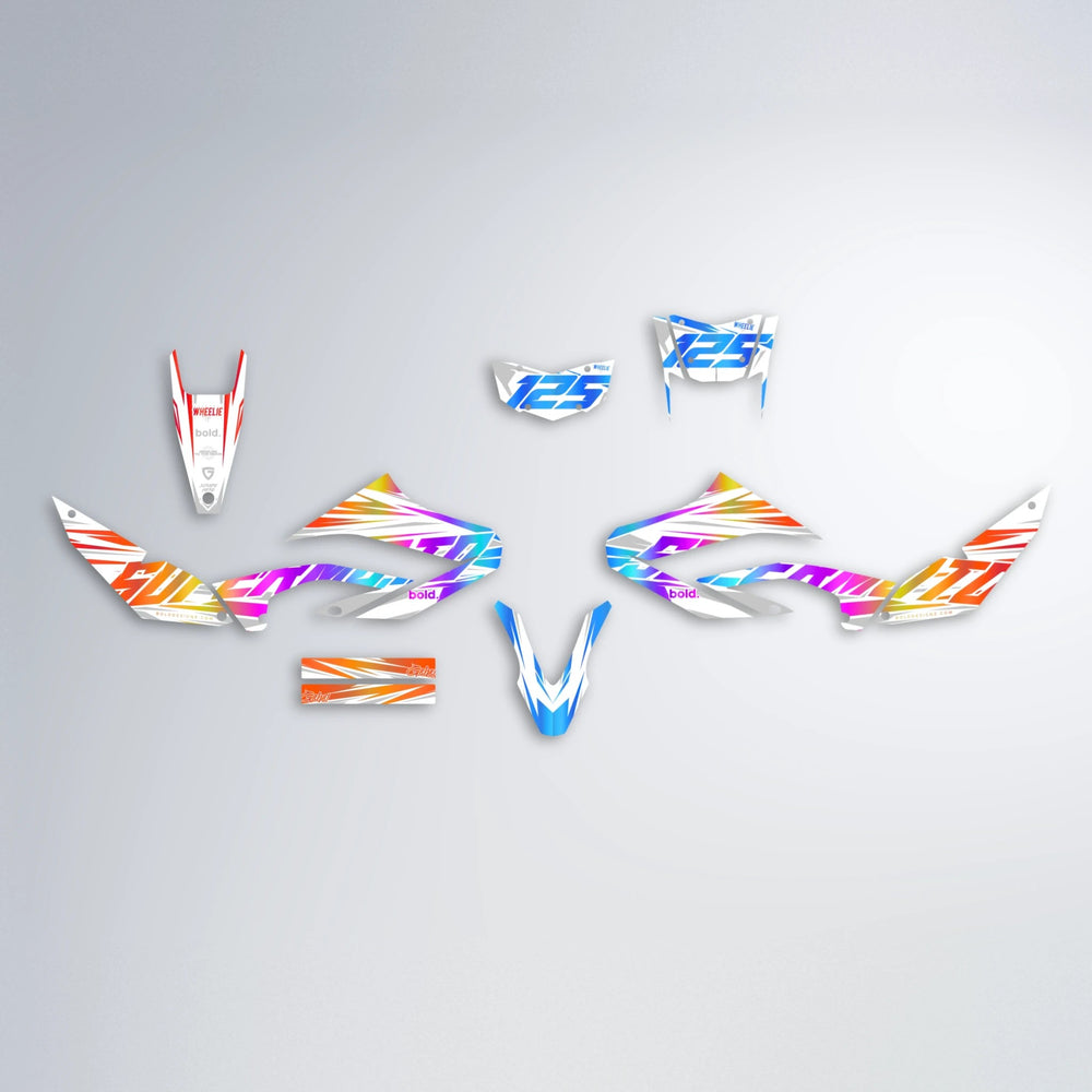 GEBEL V4 Yamaha WR 125X graphics kit parts layout in Sunset Fade