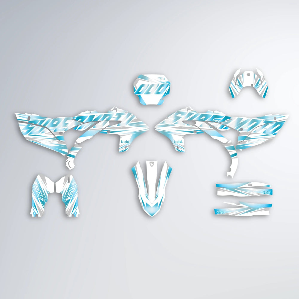 GEBEL V4 Yamaha YZF MX graphics kit parts layout in Light Blue & White