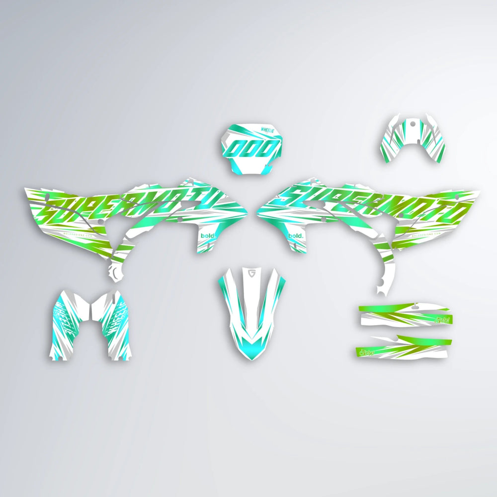 GEBEL V4 Yamaha YZF SM graphics kit parts layout in Cyan & Green