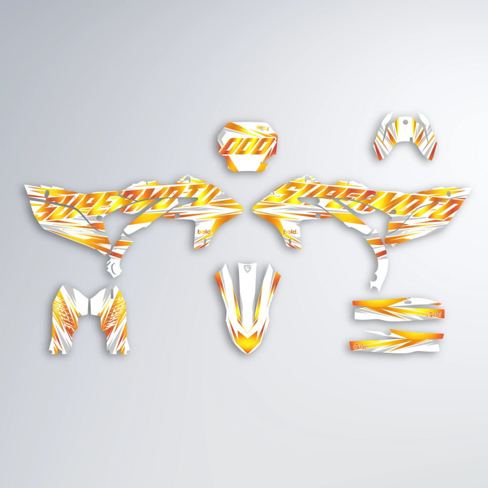 GEBEL V4 Yamaha YZF SM graphics kit parts layout in Orange & Yellow