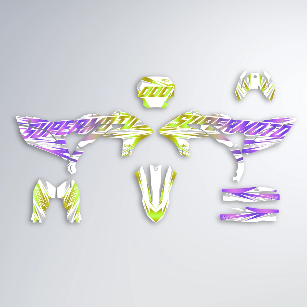 GEBEL V4 Yamaha YZF SM graphics kit parts layout in Purple & Yellow