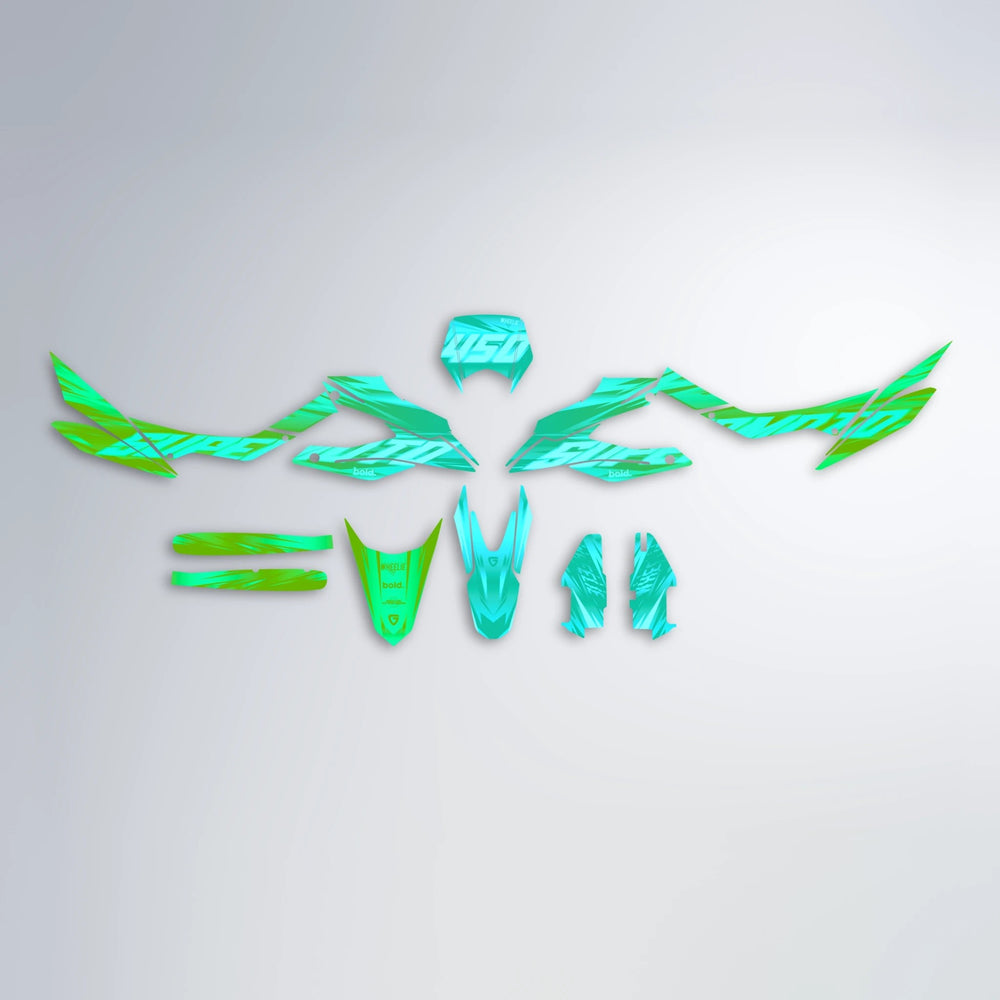 GEBEL V5 Aprilia SX 125 graphics kit parts layout in Cyan & Green