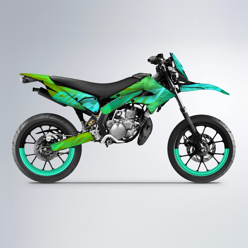 GEBEL V5 Derbi Senda supermoto graphics kit in Cyan & Green