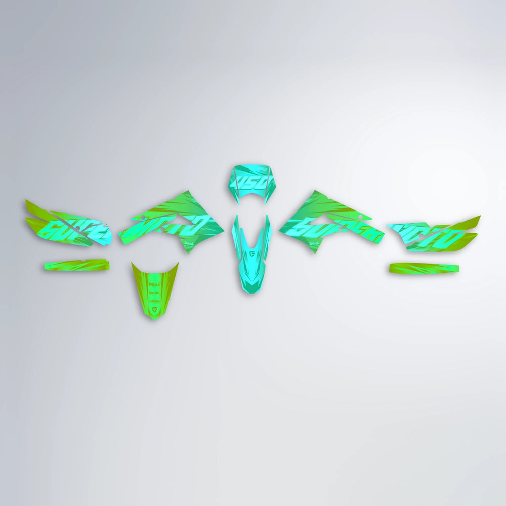 GEBEL V5 Derbi Senda graphics kit parts layout in Cyan & Green