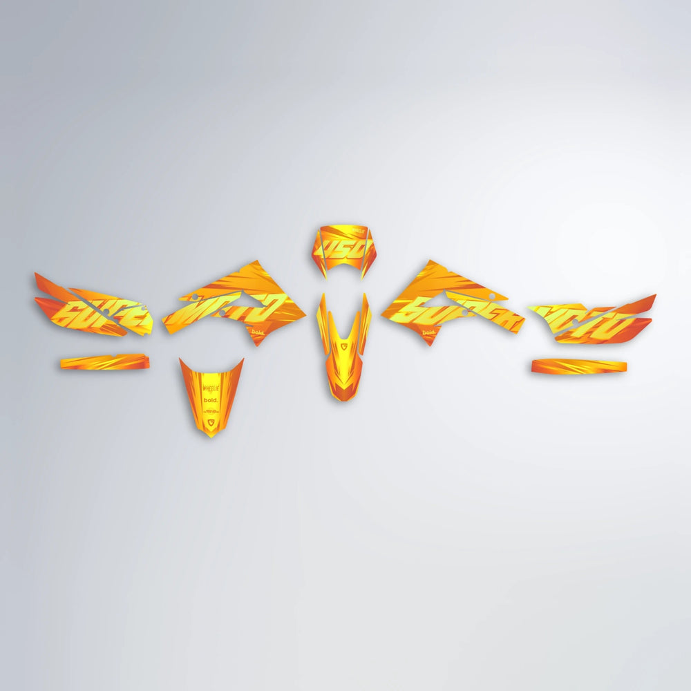 GEBEL V5 Derbi Senda graphics kit parts layout in Orange & Yellow