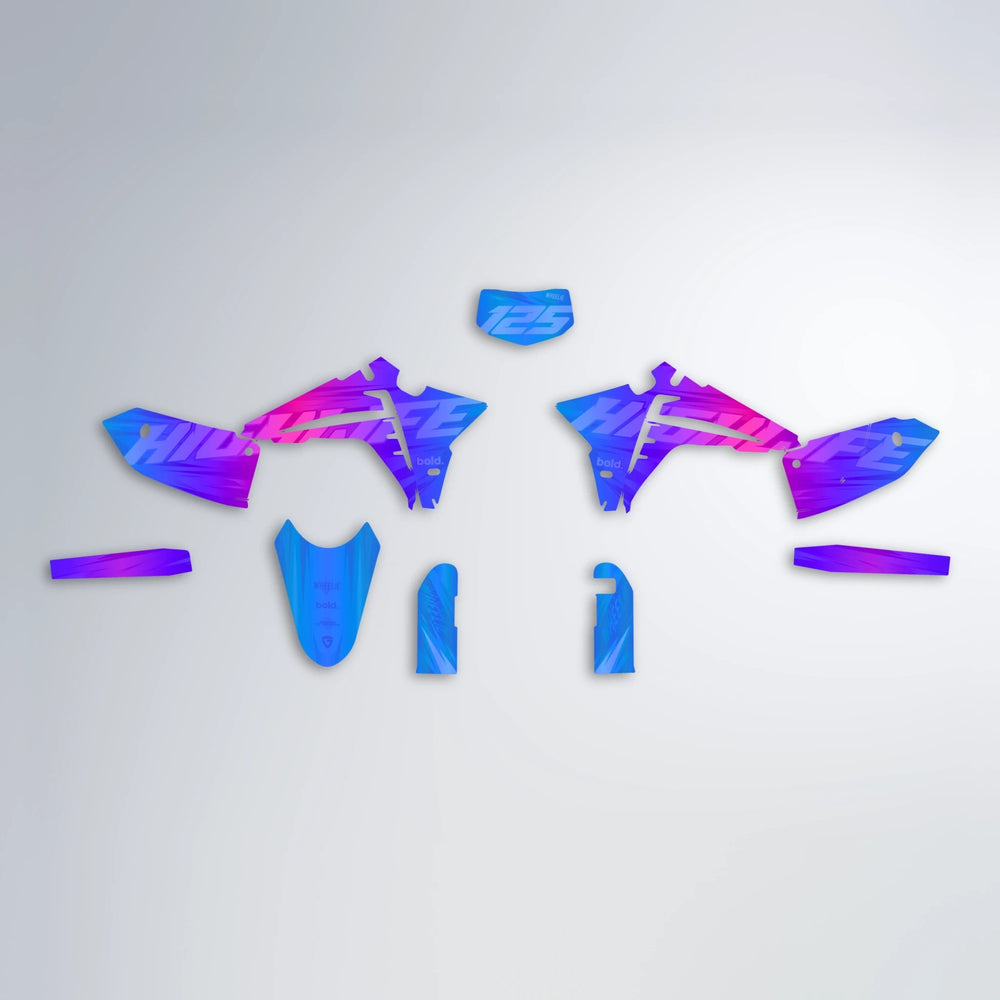 GEBEL V5 Fantic graphics kit parts layout in Blue Purple Fade