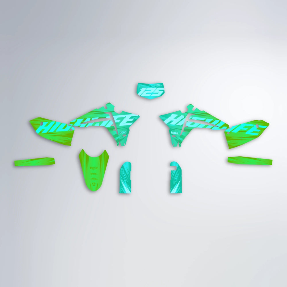 GEBEL V5 Fantic graphics kit parts layout in Cyan & Green