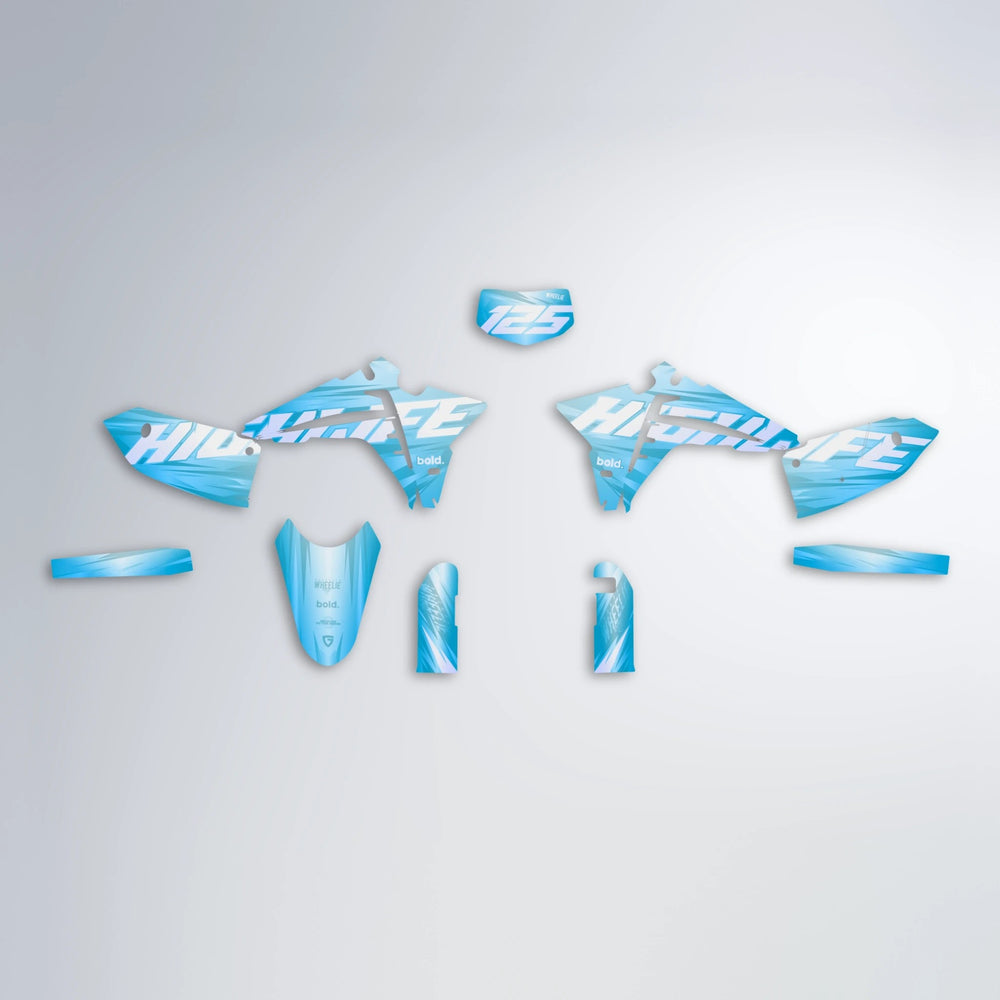 GEBEL V5 Fantic graphics kit parts layout in Light Blue & White