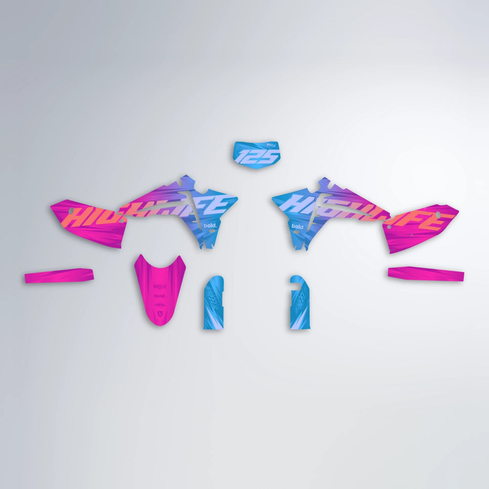 GEBEL V5 Fantic graphics kit parts layout in Pink & Light Blue