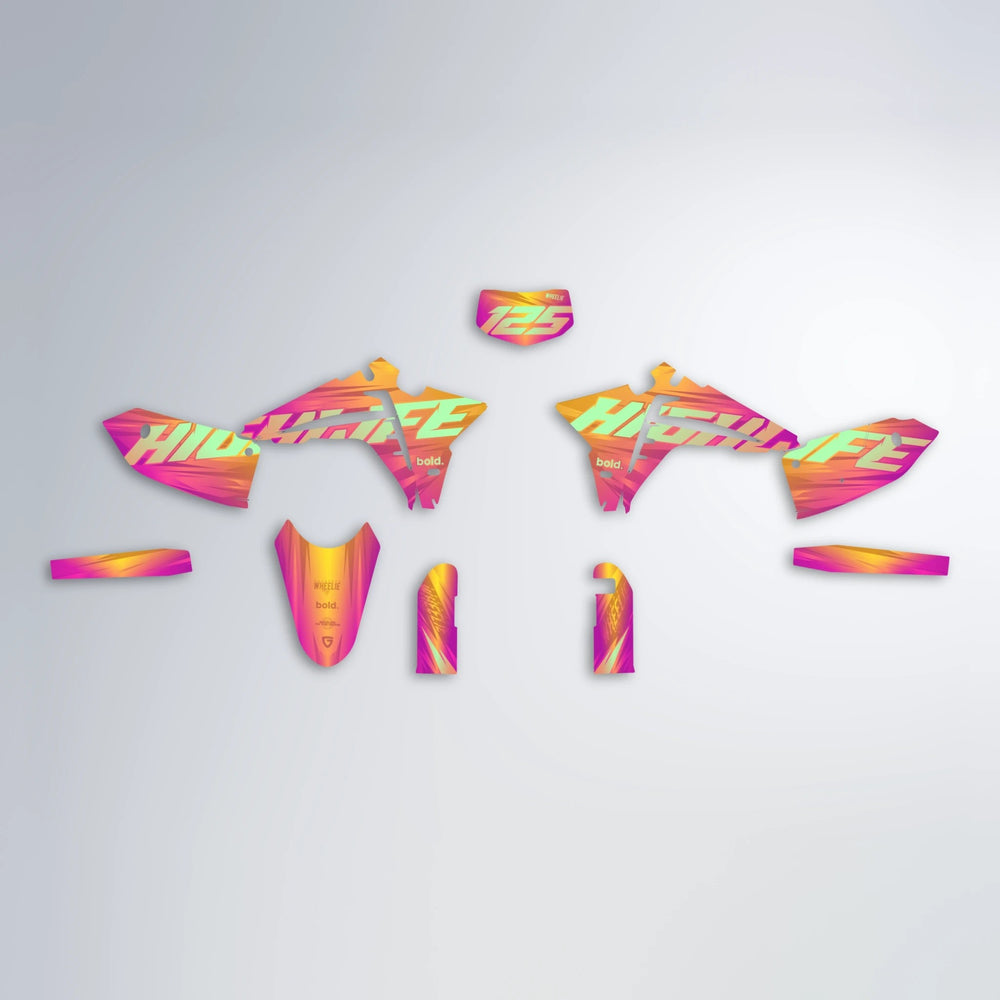 GEBEL V5 Fantic graphics kit parts layout in Pink & Yellow