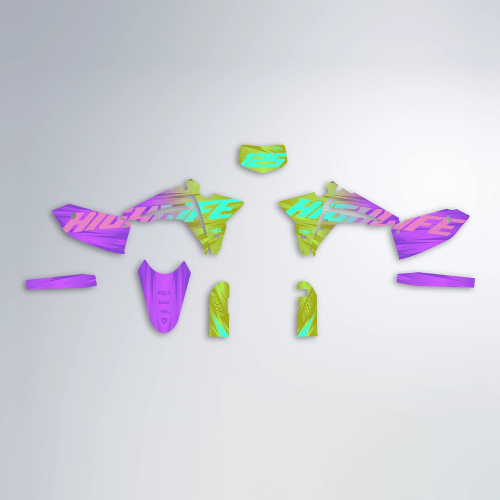 GEBEL V5 Fantic graphics kit parts layout in Purple & Yellow