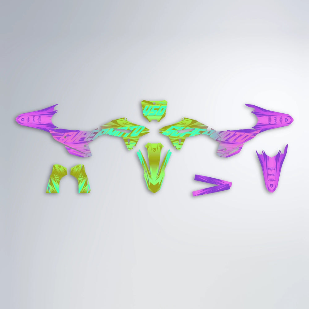 GEBEL V5 Honda graphics kit parts layout in Purple & Yellow