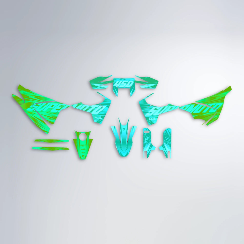 GEBEL V5 Husqvarna 701 graphics kit parts layout in Cyan & Green