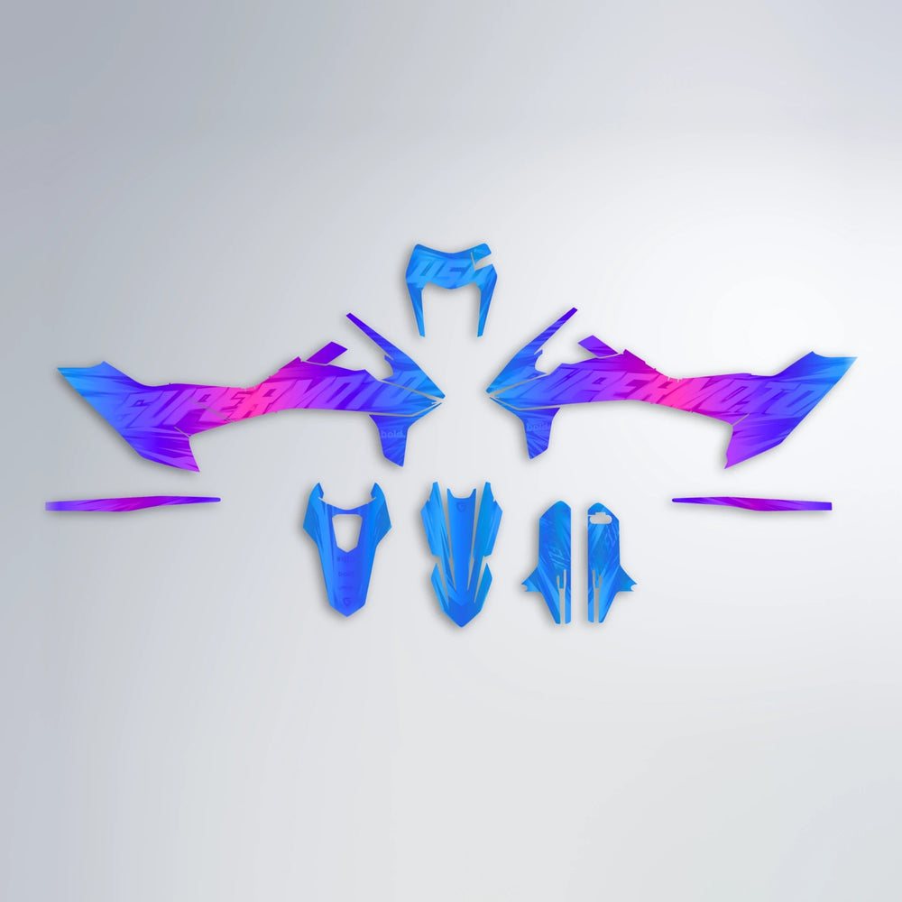 GEBEL V5 KTM SMC 690 graphics kit parts layout in Blue Purple Fade