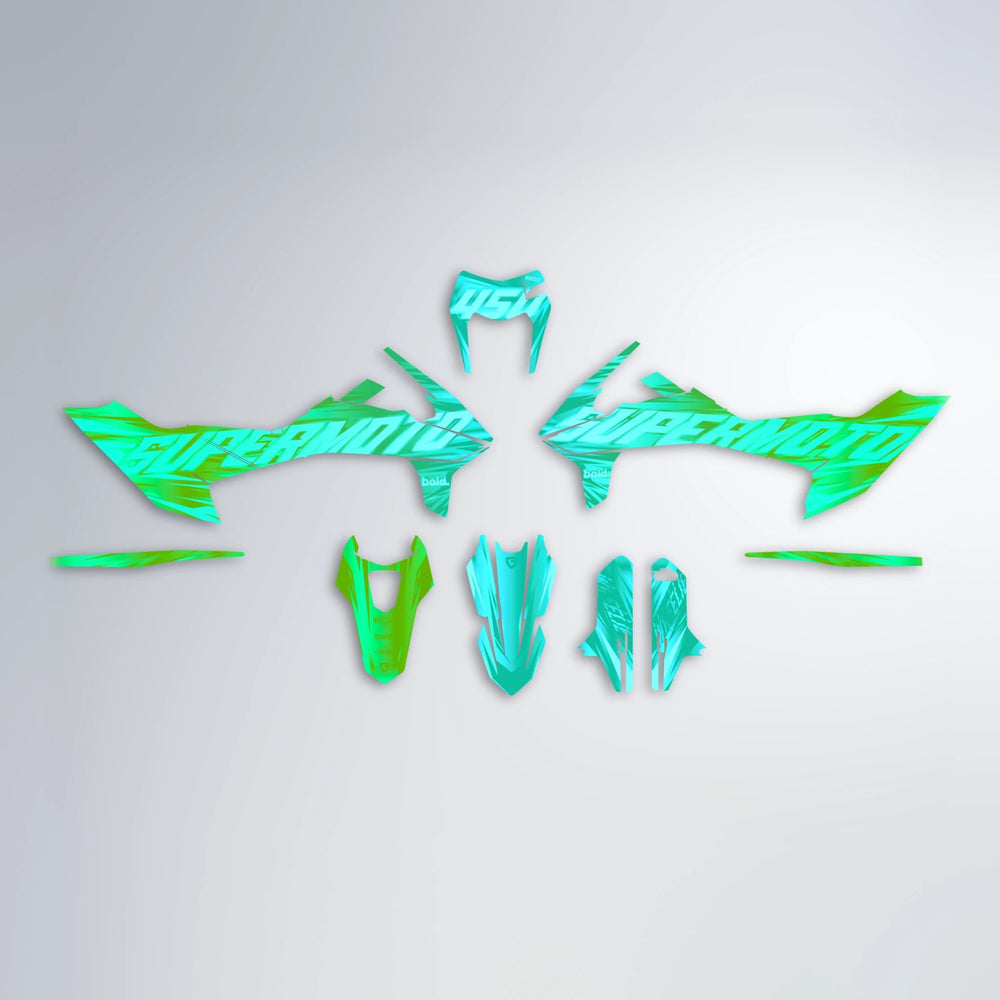 GEBEL V5 KTM SMC 690 graphics kit parts layout in Cyan & Green