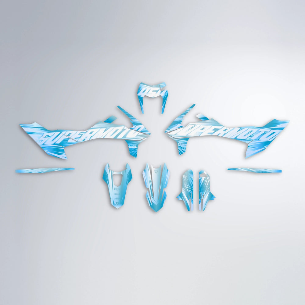 GEBEL V5 KTM SMC 690 graphics kit parts layout in Light Blue & White