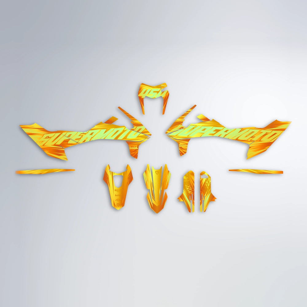 GEBEL V5 KTM SMC 690 graphics kit parts layout in Orange & Yellow