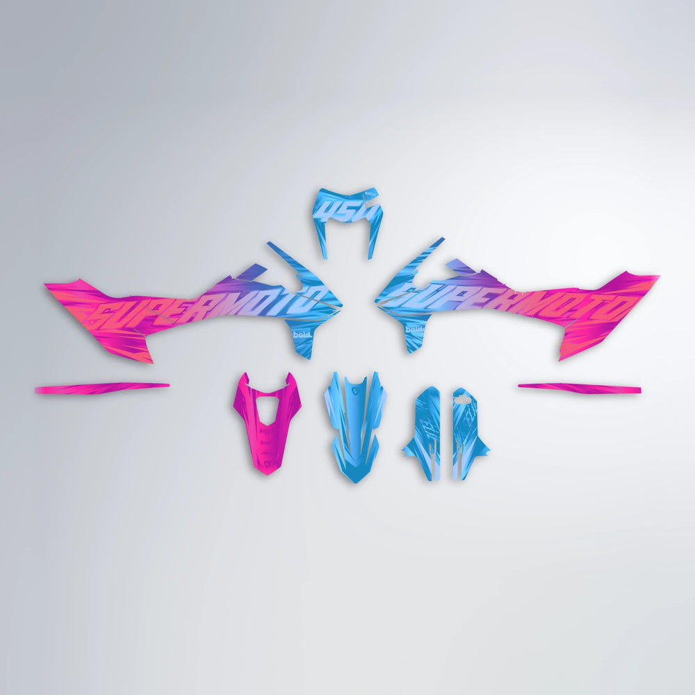 GEBEL V5 KTM SMC 690 graphics kit parts layout in Pink & Light Blue