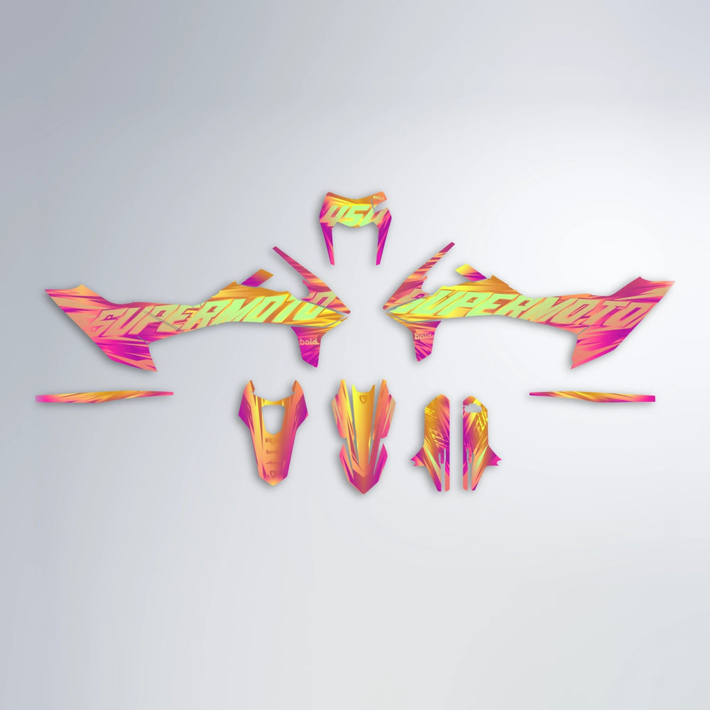 GEBEL V5 KTM SMC 690 graphics kit parts layout in Pink & Yellow