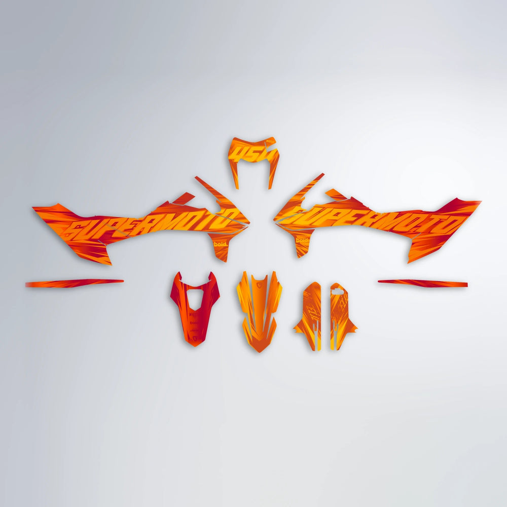 GEBEL V5 KTM SMC 690 graphics kit parts layout in Red & Orange