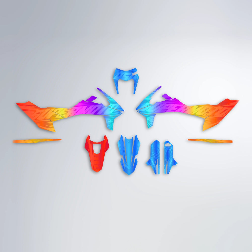 GEBEL V5 KTM SMC 690 graphics kit parts layout in Sunset Fade