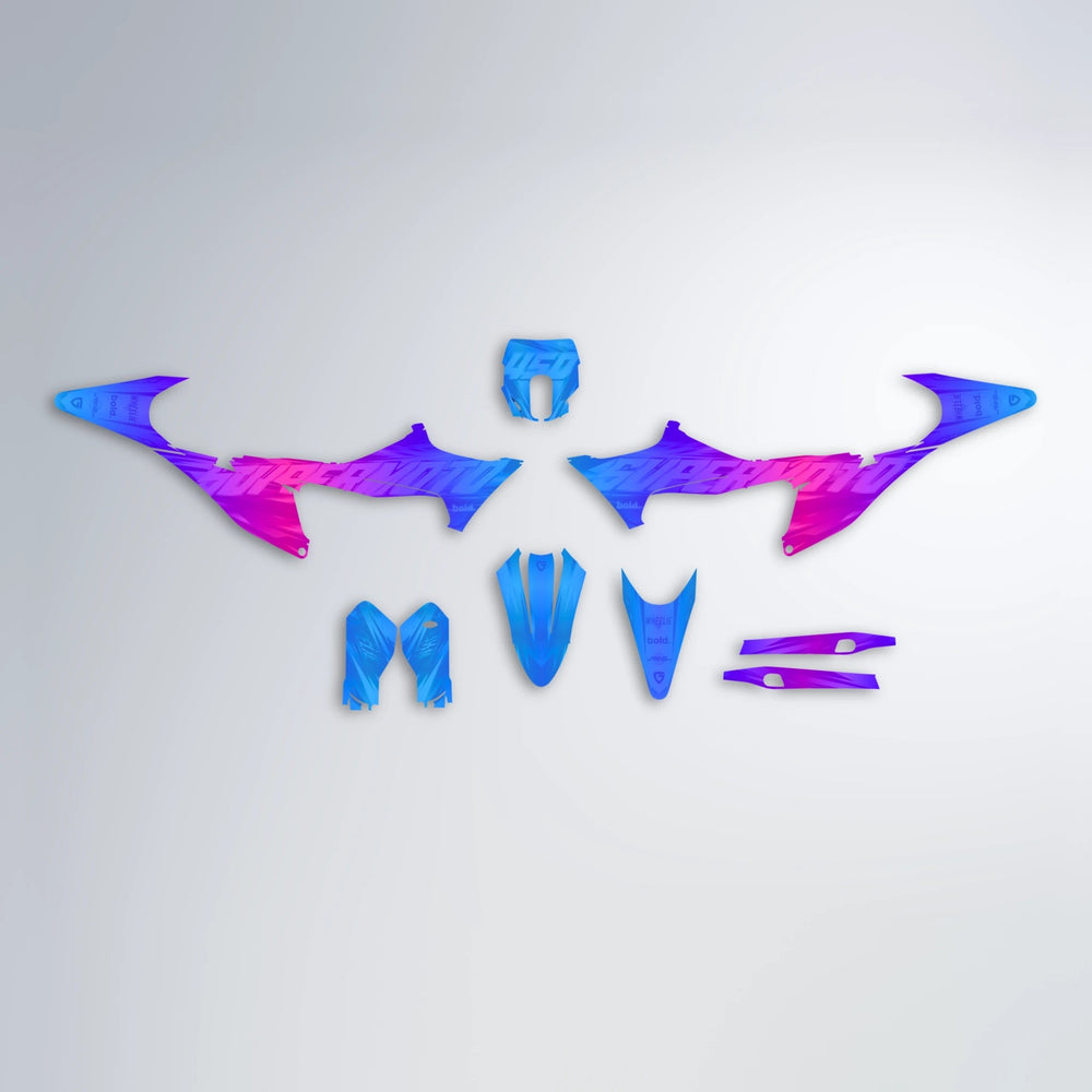 GEBEL V5 Stark Varg MX graphics kit parts layout in Blue Purple Fade