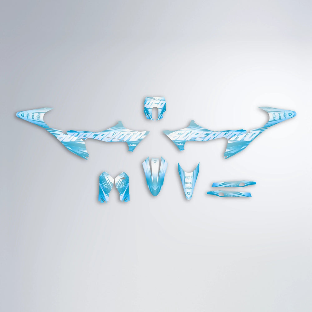 GEBEL V5 Stark Varg MX graphics kit parts layout in Light Blue & White