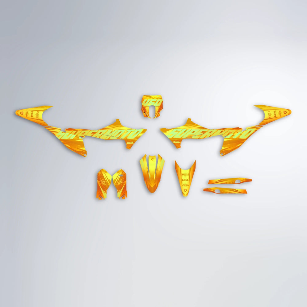 GEBEL V5 Stark Varg MX graphics kit parts layout in Orange & Yellow