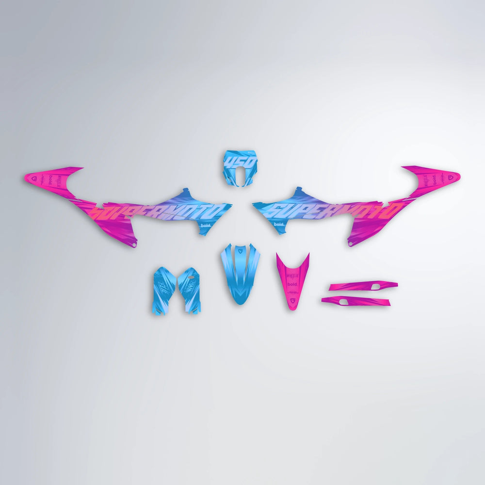 GEBEL V5 Stark Varg MX graphics kit parts layout in Pink & Light Blue