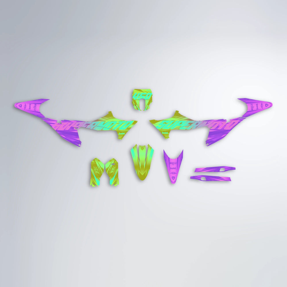 GEBEL V5 Stark Varg MX graphics kit parts layout in Purple & Yellow