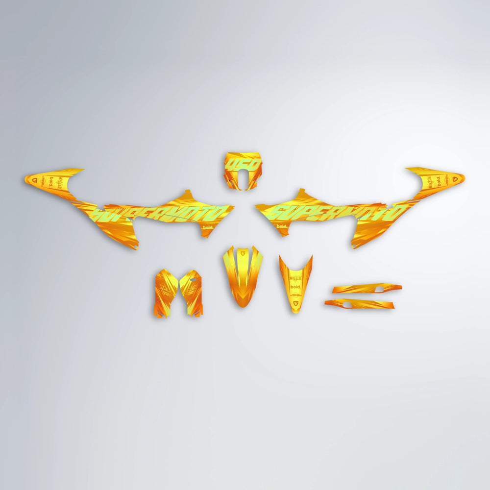 GEBEL V5 Stark Varg SM graphics kit parts layout in Orange & Yellow